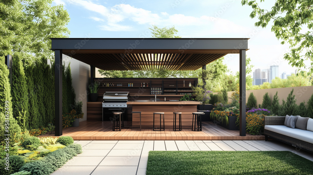 Obraz premium Otwarta strefa do zabawy z wbudowanym grillem i barem, idealna na letnie wieczory. Bar jest wyposażony w wysokie krzesła, a grill zapewnia doskonałą atmosferę do przygotowywania posiłków.