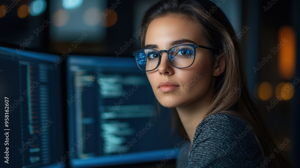 Woman Programmer, A woman in glasses works on coding and data analytics, researching cybersecurity on her computer with holographic overlays for IT and GDPR Woman Programmer, A woman in glasses works on coding and data analytics, researching cybersecurity on her computer with holographic overlays for IT and GDPR