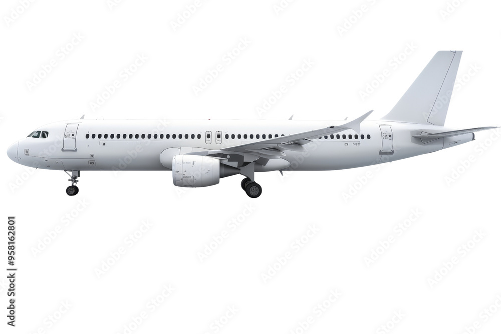Obraz premium A modern passenger airplane isolated on a white background, highlighting its large size and passenger capacity.