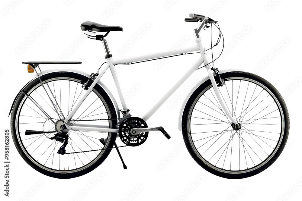 Obraz premium A modern hybrid bicycle isolated on a white background, blending features of road and mountain bikes for versatile use.