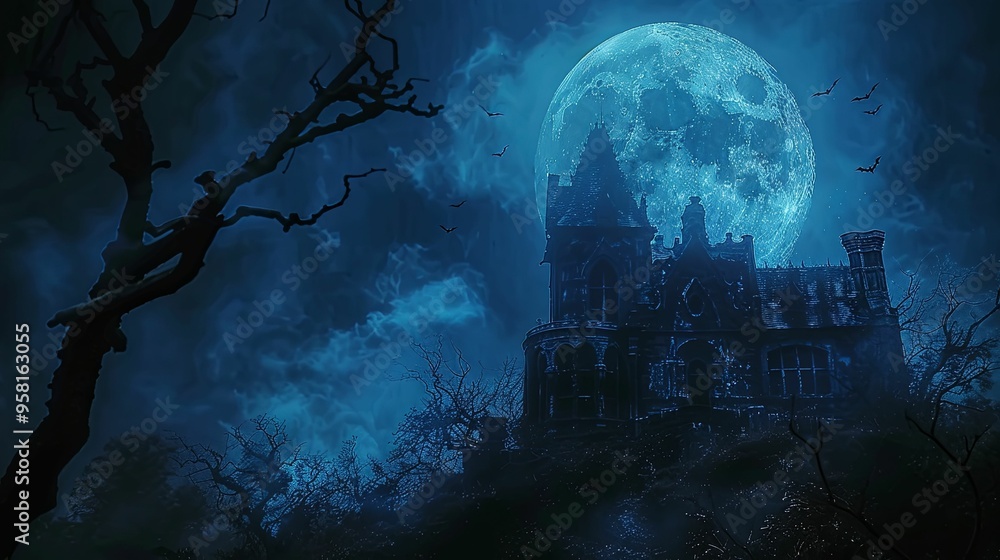 A Silhouetted Haunted Mansion Under a Full Moon A Silhouetted Haunted Mansion Under a Full Moon