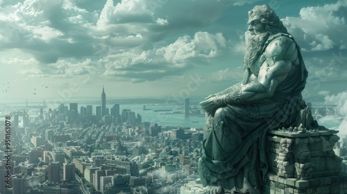 Stone Statue Overlooking Cityscape - Dramatic Clouds