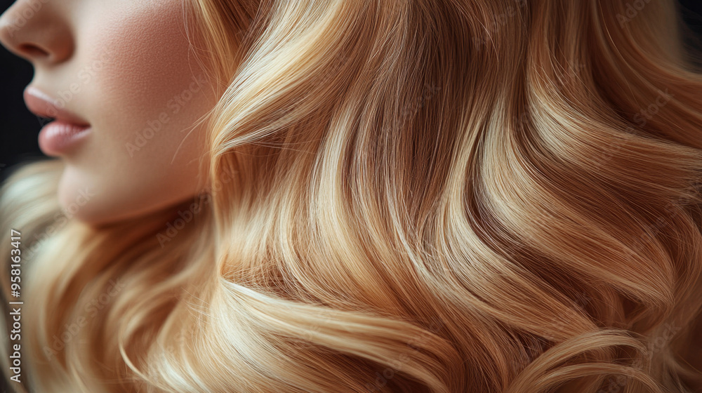 Blonde Hair,  Close-up of long, styled blonde hair featuring shiny, wavy curls, showcasing hair coloring and extension techniques
