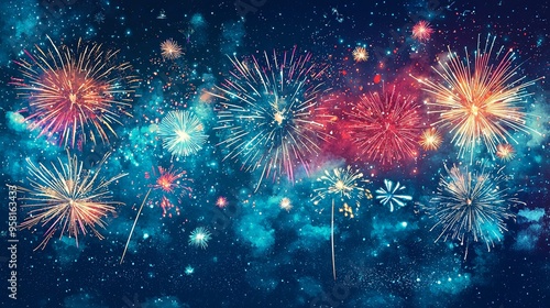 An impressive display of fireworks lighting up a clear, starry night sky with bright, vivid colors, creating a breathtaking and vibrant festive atmosphere.