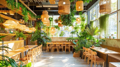 A cozy restaurant with lots of plants and natural light. photo