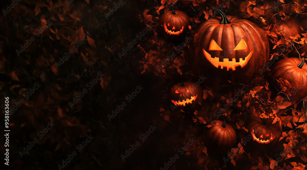 Fototapeta premium Spooky Halloween Copy Space Surrounded by Pumpkins