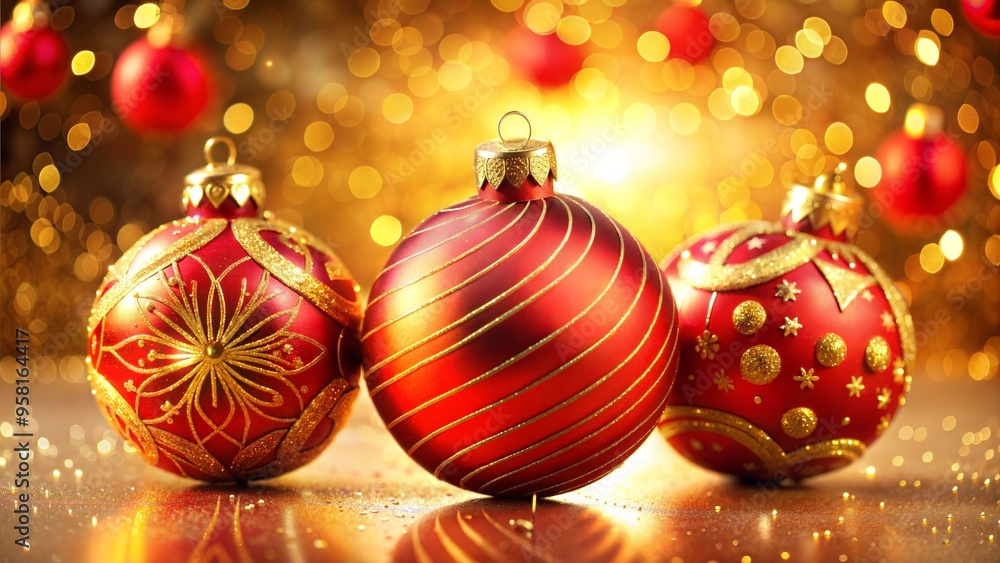 Christmas ornaments in festive mood on golden bokeh background with copy space Christmas ornaments in festive mood on golden bokeh background with copy space