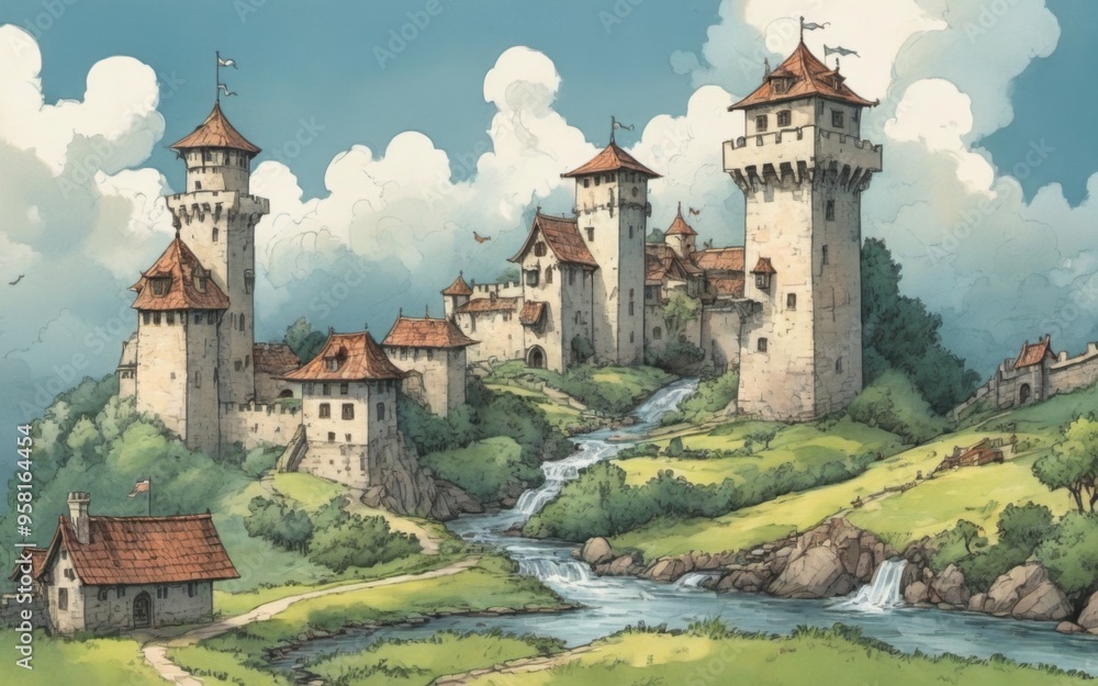 Fototapeta premium Medieval castle on hill with multiple towers, surrounded by natu