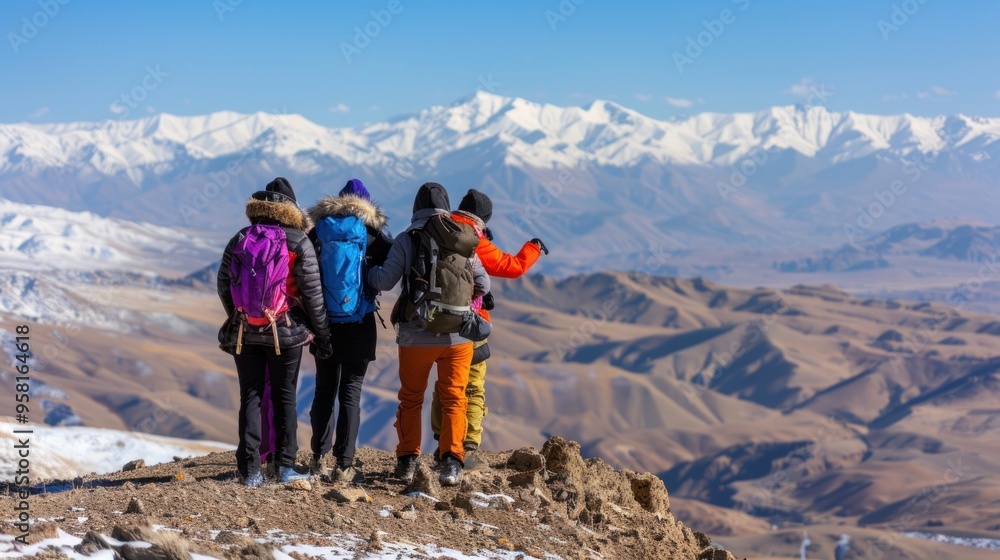 Fototapeta premium A group of four hikers stands on a rocky outcrop, admiring the breathtaking view of majestic snow-covered mountains under a clear blue sky while basking in warm afternoon sunlight