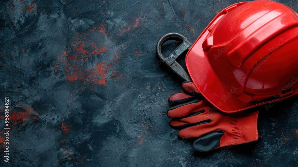A red hard hat rests beside black and red gloves on a dark textured surface, accompanied by a metallic hook, emphasizing construction site safety gear awaiting use A red hard hat rests beside black and red gloves on a dark textured surface, accompanied by a metallic hook, emphasizing construction site safety gear awaiting use