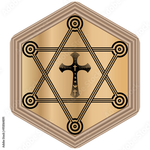 christian cross within star of david on oak wood isolated on white background for icon decoration object element tattoo