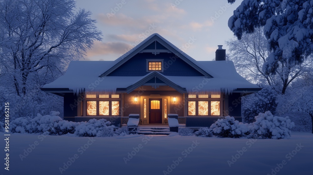 Snow laden Craftsman home with a warm glow through frosty windows on a quiet winter night Snow laden Craftsman home with a warm glow through frosty windows on a quiet winter night