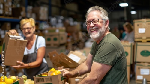 A group of dedicated volunteers sorts fresh fruits and vegetables at a community food bank. The atmosphere is lively as they work together on a warm summer afternoon