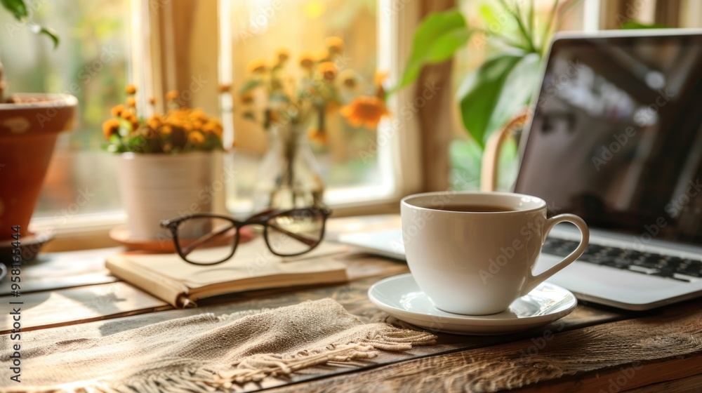 A warm cup of tea rests on a saucer beside a laptop and an open notebook. Sunlight streams through the window, illuminating vibrant flowers on the sill, creating a tranquil morning atmosphere A warm cup of tea rests on a saucer beside a laptop and an open notebook. Sunlight streams through the window, illuminating vibrant flowers on the sill, creating a tranquil morning atmosphere