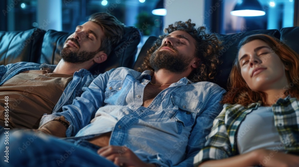 Three friends are peacefully resting on a couch in a warmly lit living room, enjoying each other's company and the relaxed atmosphere of their movie night Three friends are peacefully resting on a couch in a warmly lit living room, enjoying each other's company and the relaxed atmosphere of their movie night