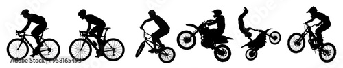 silhouette 2d graphic of people riding motorcycle and bicycle png cut out element set photo