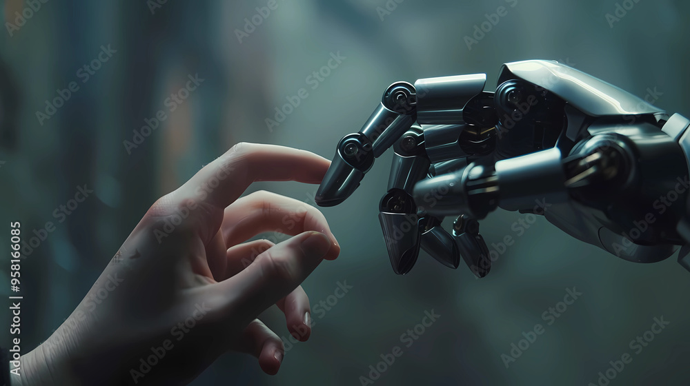 The human finger delicately touches the finger of a robot's metallic ...