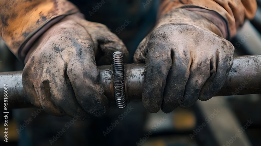 Closeup of Dirty Hands Holding a Metal Spring. Closeup of Dirty Hands Holding a Metal Spring.
