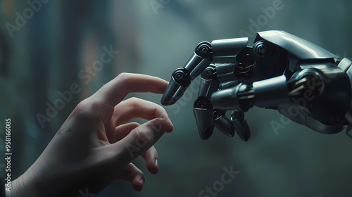 The human finger delicately touches the finger of a robot's metallic finger. Concept of harmonious coexistence of humans and AI technology, 