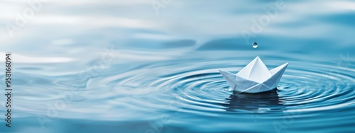  A white origami boat floats atop a body of water, surrounded by a single droplet