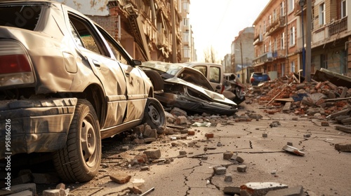 Tangled wreckage of vehicles is strewn across a city street, surrounded by fallen bricks and building debris, as the warm late afternoon sun casts shadows over the destruction photo