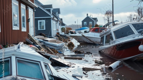 Floodwaters have overwhelmed a residential neighborhood, submerging boats and debris alongside homes. The aftermath reveals significant damage from the storm, highlighting the need for recovery photo