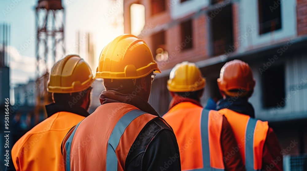 A group of construction workers in bright safety vests and helmets watches the progress of a building under construction, illuminated by the soft glow of the sunset A group of construction workers in bright safety vests and helmets watches the progress of a building under construction, illuminated by the soft glow of the sunset