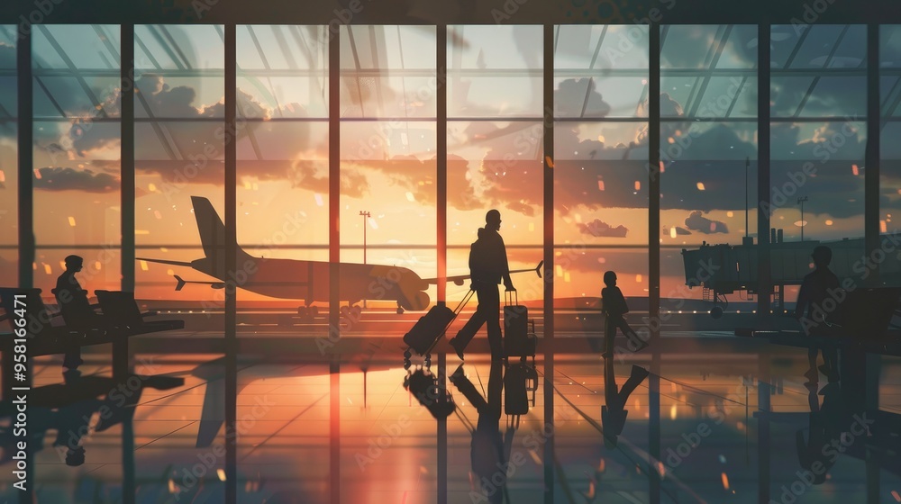 Fototapeta premium Family with children walking in the airport terminal, silhouettes of people against the window and plane outside. The artwork depicts a travel concept