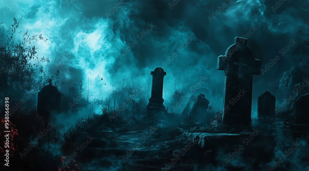 Fototapeta premium Eerie Night Scene in Spooky Graveyard with Copy Space for Text - Halloween Concept