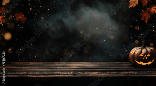 Glitzy Halloween Mockup with Wooden Table, Sparklecore Glamour Background in 4K Studio Quality with Realistic Lighting and Shadows photo