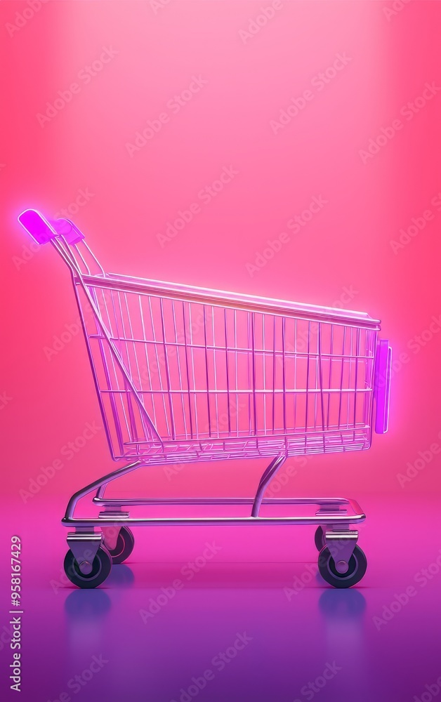 A vibrant shopping cart against a pink and purple background, perfect for retail and e-commerce themes. A vibrant shopping cart against a pink and purple background, perfect for retail and e-commerce themes.