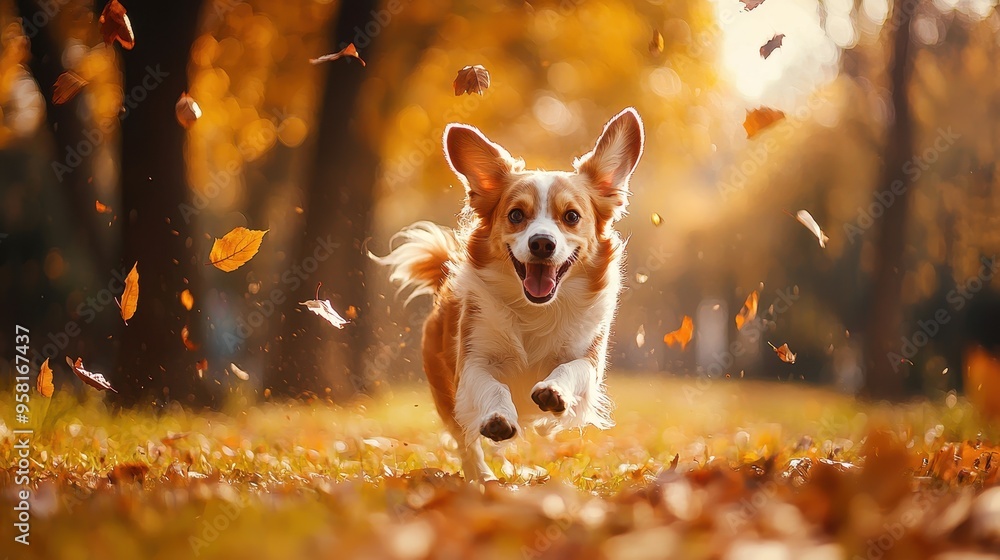 Happy dog running through a park during autumn with leaves falling around. Happy dog running through a park during autumn with leaves falling around.