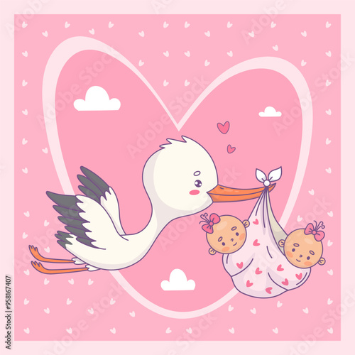 Cute flying stork and two twin newborns girl. Vector illustration. Cool square birthday, Baby shower card. Funny Cartoon bird kawaii and arrival infants. Kids collection 