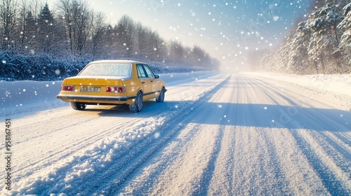 Canary car cruising on a snow covered road, snowflakes clinging to the windows