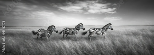 Three Zebras Walking Through a Grassy Field Under a Cloudy Sky