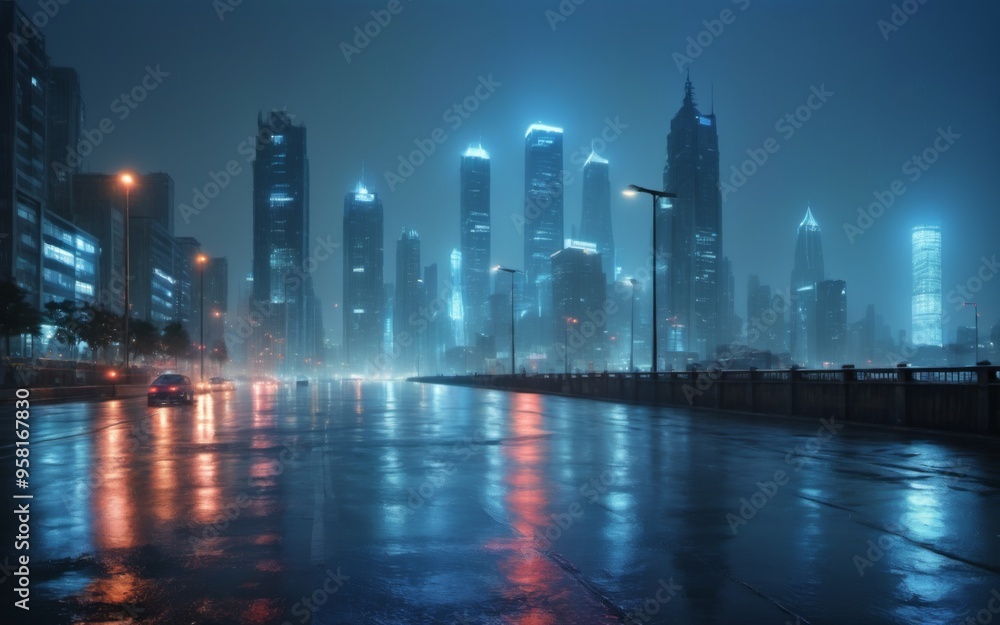 Obraz premium City Skyline at Night: Modern High-rise and Low-rise Buildings I