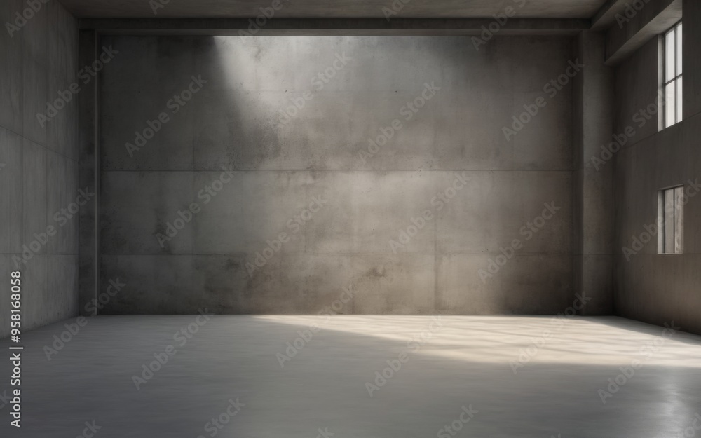 Abandoned empty room with large windows, concrete floor, dark gr Abandoned empty room with large windows, concrete floor, dark gr