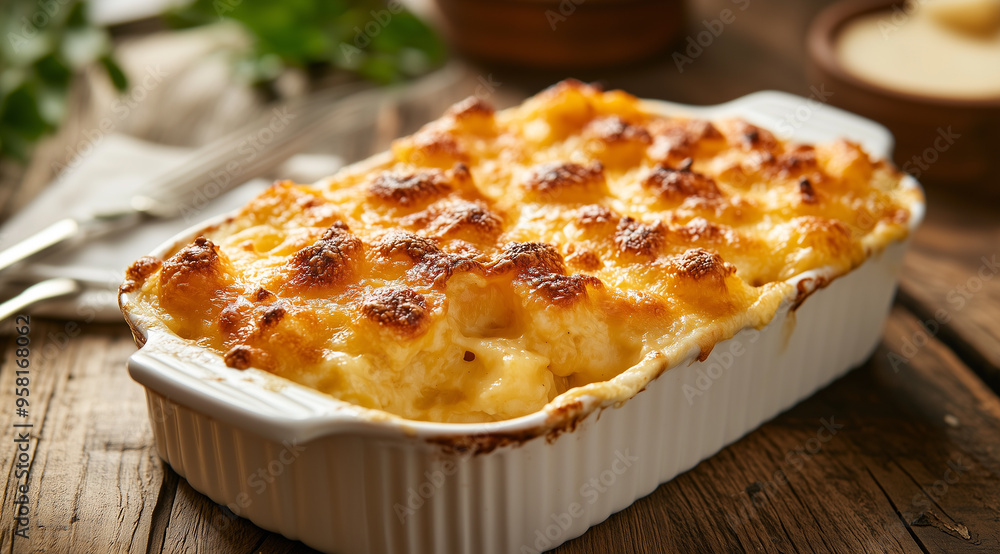 Cheesy Baked Golden Compote - Homemade Delight on Wooden Table with Bright Background Cheesy Baked Golden Compote - Homemade Delight on Wooden Table with Bright Background