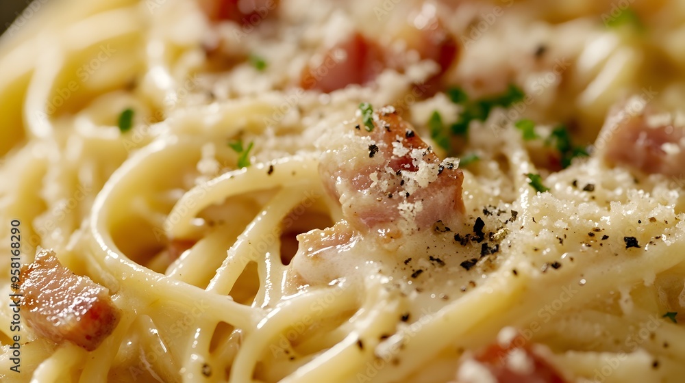 Creamy Carbonara Pasta Dish with Crispy Pancetta and Black Pepper Creamy Carbonara Pasta Dish with Crispy Pancetta and Black Pepper