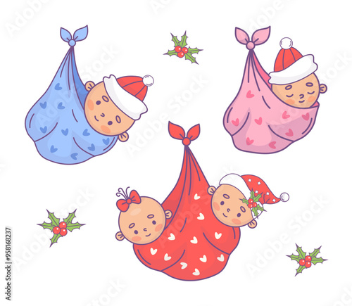 Christmas newborn. Cute festive babies twin, girl and boy in Santa hat in bag bundle. Isolated funny cartoon kawaii holiday infant character. Vector illustration. Kids collection