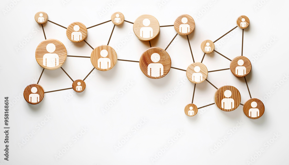 Obraz premium organizational chart of wooden circle with icons on a white background. Human resources management and business concept