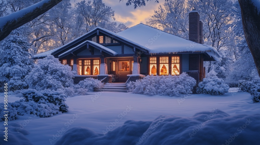 Snow laden Craftsman house with a warm glow through frosty windows on a quiet winter evening Snow laden Craftsman house with a warm glow through frosty windows on a quiet winter evening