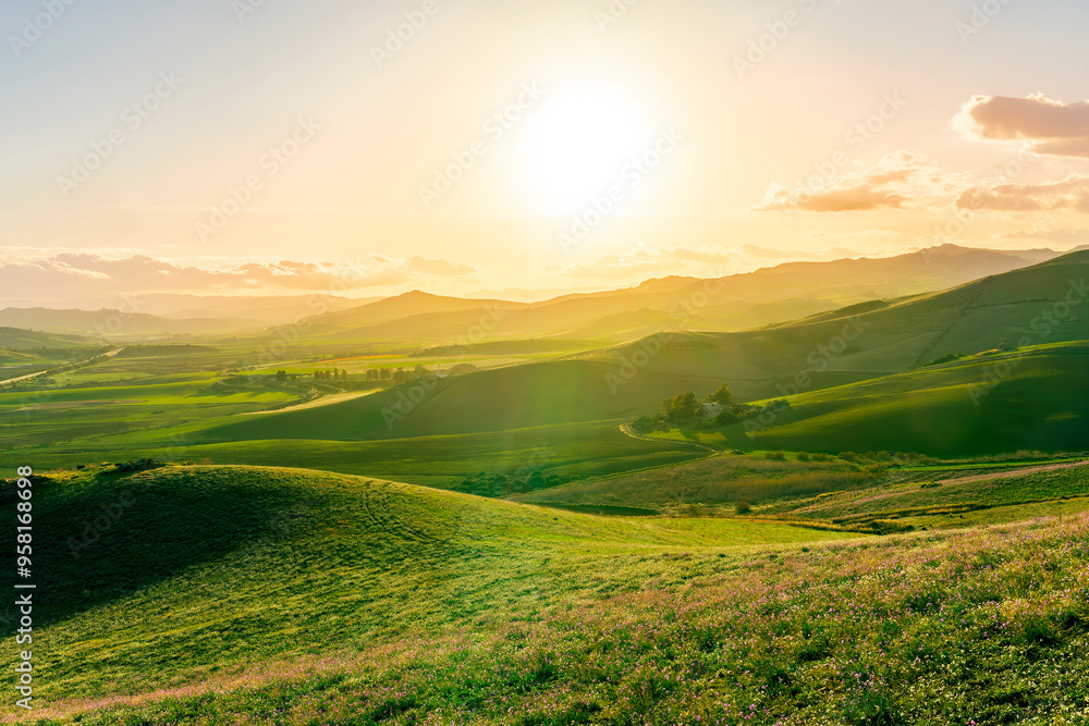 Naklejka premium spring season green landscape of green field and meadow in a hill countryside with mountains and beautiful sunset sky on background