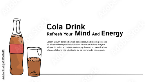 Continuous line art Landing page Cola drink for vector illustration colorful. Concept fast food, street food, restaurant