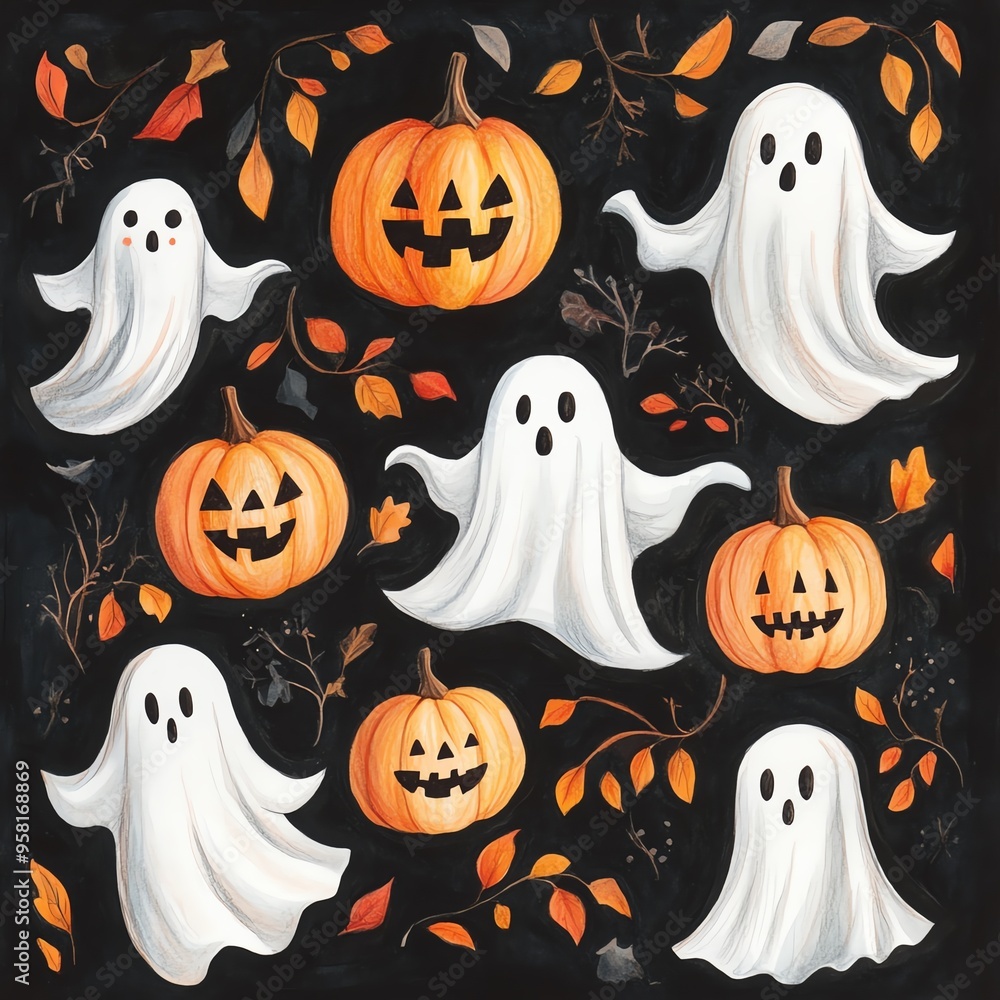 Whimsical Halloween illustration featuring cute ghosts and carved pumpkins amidst autumn leaves on a dark background. Whimsical Halloween illustration featuring cute ghosts and carved pumpkins amidst autumn leaves on a dark background.
