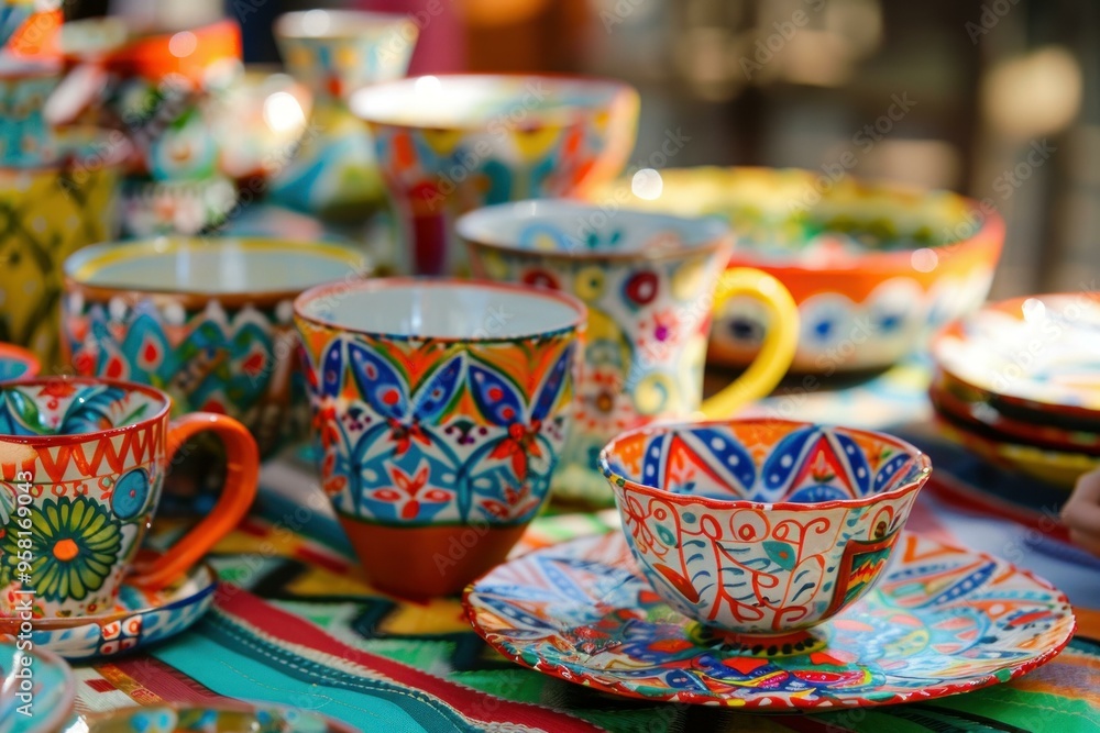 Brightly colored ceramic tableware with traditional patterns is waiting for customers at a street market Brightly colored ceramic tableware with traditional patterns is waiting for customers at a street market