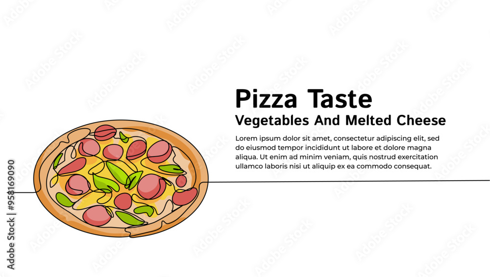 Continuous line art of pizza with melted cheese full topped for vector illustration colorful Landing page, poster. Concept food, fast food illustration, street food, restaurants Continuous line art of pizza with melted cheese full topped for vector illustration colorful Landing page, poster. Concept food, fast food illustration, street food, restaurants