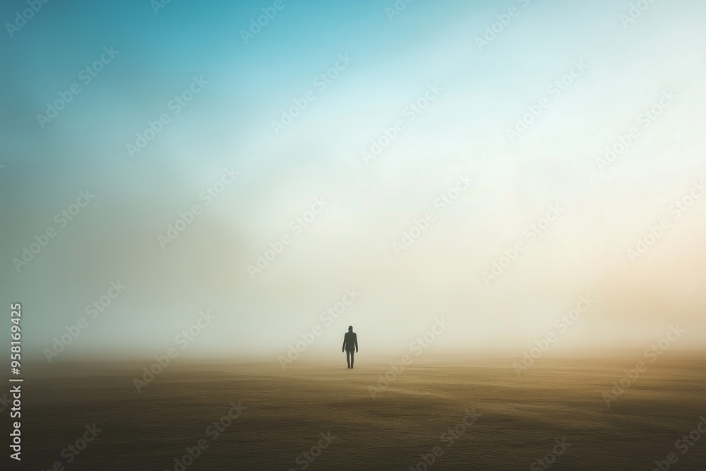 Lone Figure Walking Through Deserted Misty Landscape, Solitude and Serenity Lone Figure Walking Through Deserted Misty Landscape, Solitude and Serenity