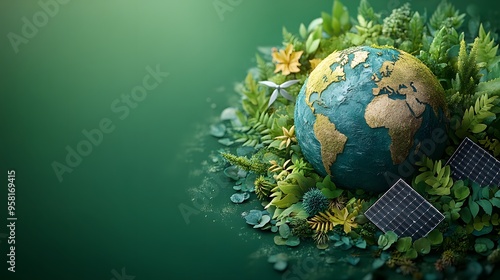 Planet Earth with green energy symbols like leaves, solar panels, and wind turbines orbiting around it. The background is a vibrant green color photo