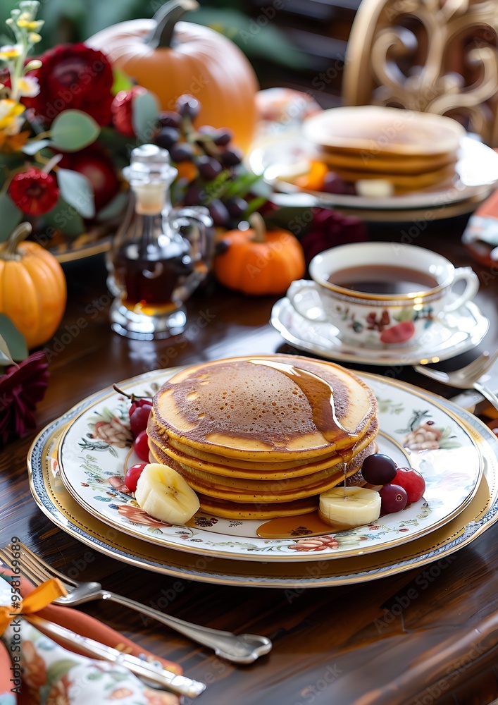 A beautifully set Thanksgiving breakfast table with pumpkin pancakes maple syrup and fresh fruit all served on vintage china with autumn-colored napkins A beautifully set Thanksgiving breakfast table with pumpkin pancakes maple syrup and fresh fruit all served on vintage china with autumn-colored napkins